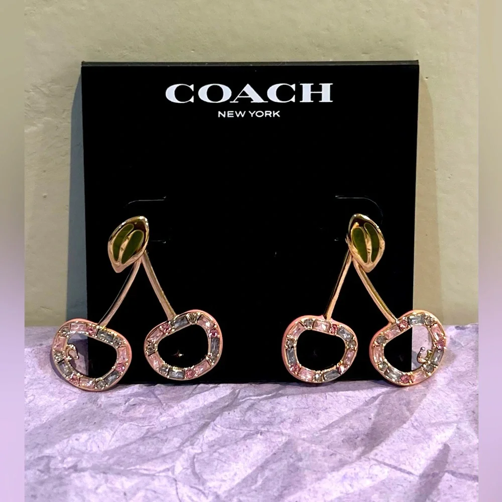 COACH Signature Cherry Drop Earrings Titanium With Multicolored Stone Accents - Picture 3 of 10